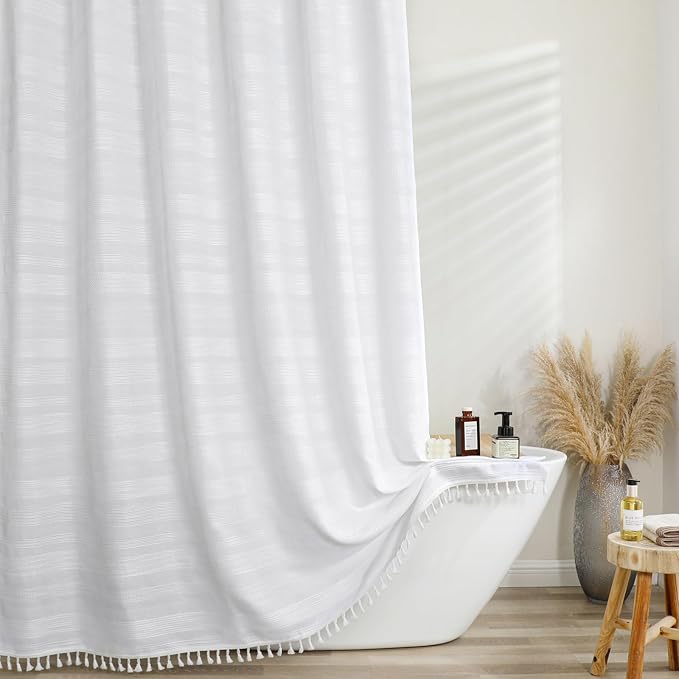White Shower Curtain 78 Inch Long, Boho Farmhouse Thick Striped Fabric Hotel Shower Curtain with Tassel, Minimalist Textured Weighted Machine Washable Bathroom Decor, 72Wx78L Inches