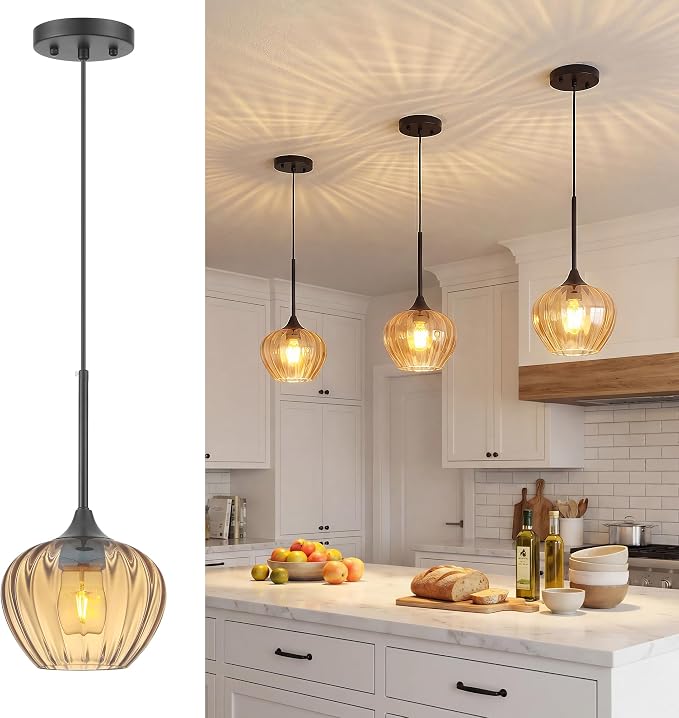Glass Pendant Lights Kitchen Island, 7.7" Vintage Amber Pendant Lighting Samll Hanging Light Fixtures for Kitchen, Dining Room, Sink, Bathroom