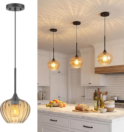 Glass Pendant Lights Kitchen Island, 7.7" Vintage Amber Pendant Lighting Samll Hanging Light Fixtures for Kitchen, Dining Room, Sink, Bathroom