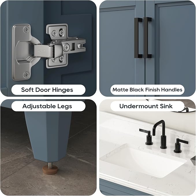 42 Inch Bathroom Vanity with Sink, Single Sink Bathroom Vanity with Adjustable Feet, Solid Wooden Frame Bathroom Sink Cabinet with Soft Closing Doors & Dovetail Drawers, Steel Blue