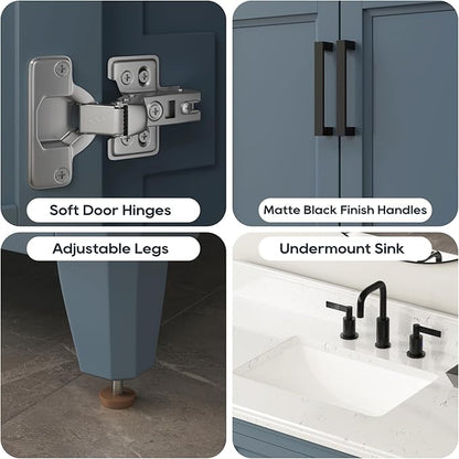 42 Inch Bathroom Vanity with Sink, Single Sink Bathroom Vanity with Adjustable Feet, Solid Wooden Frame Bathroom Sink Cabinet with Soft Closing Doors & Dovetail Drawers, Steel Blue
