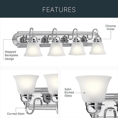 Kichler 30" 4-Light Vanity Bath Light in Chrome, Modern Bathroom Light with Clear Satin Etched Glass, ("30" W x 8" H), 5338CHS