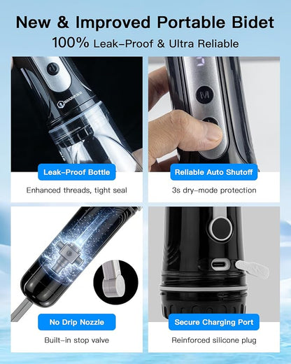 Portable Bidet for Travel, 800mAh Electric Handheld Bidet with 380ml Bottle | Rechargeable Handheld Bidet Sprayer, Peri Bottle for Women & Men, Works with Warm Water, Personal Hygiene Care