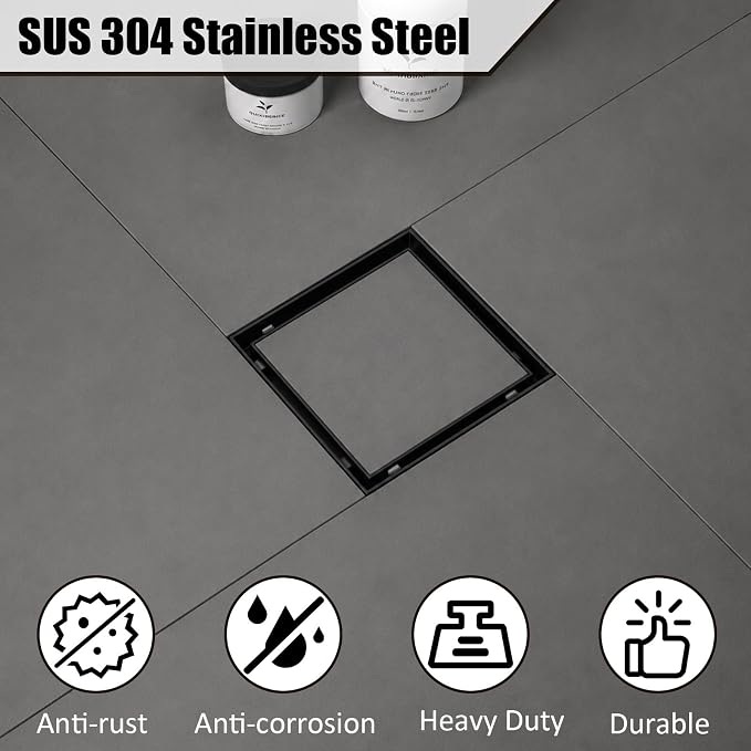 Tile Insert Square Shower Drain 6 in with Strainer, Matte Black | SUS 304 Stainless Steel, Removable Grate & Hair Strainer Design, for Bathroom, Kitchen, Balcony, Garage, Basement, Toilet