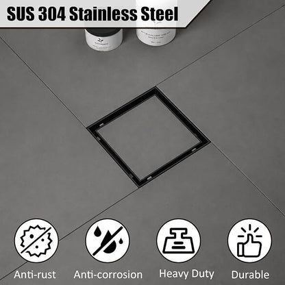 Tile Insert Square Shower Drain 6 in with Strainer, Matte Black | SUS 304 Stainless Steel, Removable Grate & Hair Strainer Design, for Bathroom, Kitchen, Balcony, Garage, Basement, Toilet