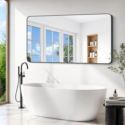 BONEWEI 72x40 inch Large Bathroom Mirror,Black Rectangle Mirror,Wall Mounted Bathroom Frame Vanity Mirror with Round Corner for Bedroom Living Room, Entryway Hangs Horizontal or Vertical