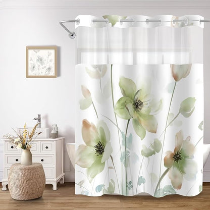 No Hook Shower Curtain and Liner Set, Light Green Floral 71x74 | Watercolor Boho Flower, with Snap in Liner, Mesh Top Window, Waterproof, Machine Washable, Quick-Drying, for Hotel Bathroom