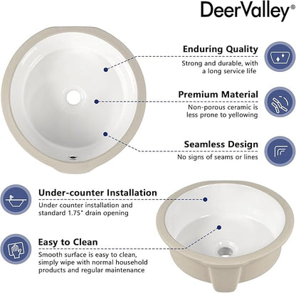 DeerValley 16x16 Inch Small Round Undermount Bathroom Sink, White Ceramic Under Counter Sink with Overflow, DV-1U0207