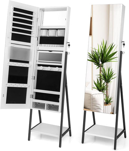 CHARMAID Standing Jewelry Armoire with Full Length Mirror, Lockable Jewelry Cabinet Organizer with Lights, 3 Lighting Modes, Foldable Makeup Tray, Storage Drawers & Shelves (White)