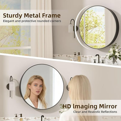 30 x 30 Inch Round Black Mirror Medicine Cabinet Surface Mounted, Circular Modern Bathroom Medicine Cabinet with Mirror, Metal Framed Medicine Cabinets with Tempered Glass Mirror