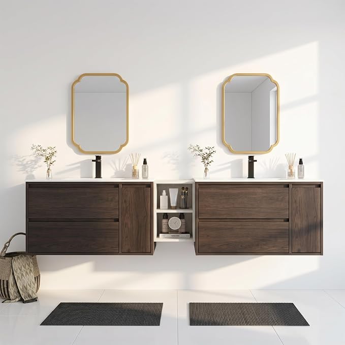 84 Inch Modern Floating Double Sink Bathroom Vanity, Wall-Mounted with Seamless Ceramic Top, Rounded Corners, Full-Extension Soft-Close Drawers & Concealed Drainage, White