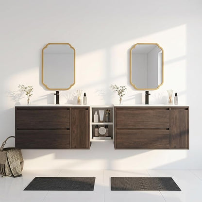 84 Inch Modern Floating Double Sink Bathroom Vanity, Wall-Mounted with Seamless Ceramic Top, Rounded Corners, Full-Extension Soft-Close Drawers & Concealed Drainage, White