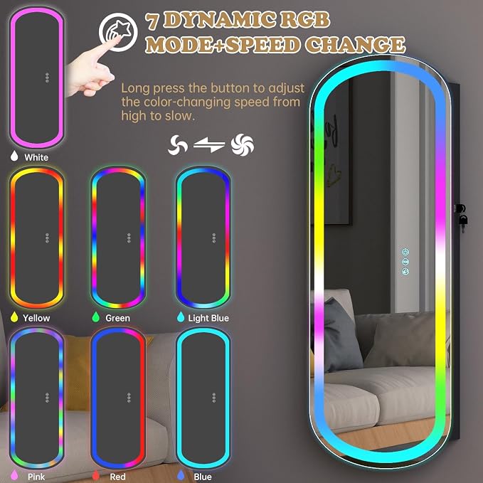 Mirror Jewelry Armoire Cabinet Organizer Wall Mounted Over the Door Black | Full-Length Lockable Rounded Wide Mirror with Storage Interior Mirror Door Mount Adjustable RGB LED Light Gift for Chrismas
