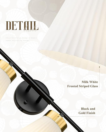 4-Light Bathroom Light Fixture, HWH 32 Inch Vanity Lights Over Mirror, Modern Sconce Wall Lighting with Frosted Milk White Striped Glass, Black and Gold Finish, 5HZG97B-4W BK+BG