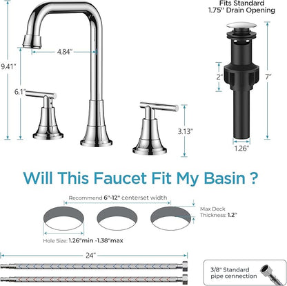 FORIOUS Widespread Bathroom Faucets Polished Chrome, 3 Hole Faucet for Bathroom Sink with Pop Up Drain for 8 Inch Vanity RV Camper Lavatory Sink