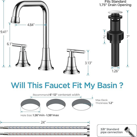 FORIOUS Widespread Bathroom Faucets Polished Chrome, 3 Hole Faucet for Bathroom Sink with Pop Up Drain for 8 Inch Vanity RV Camper Lavatory Sink