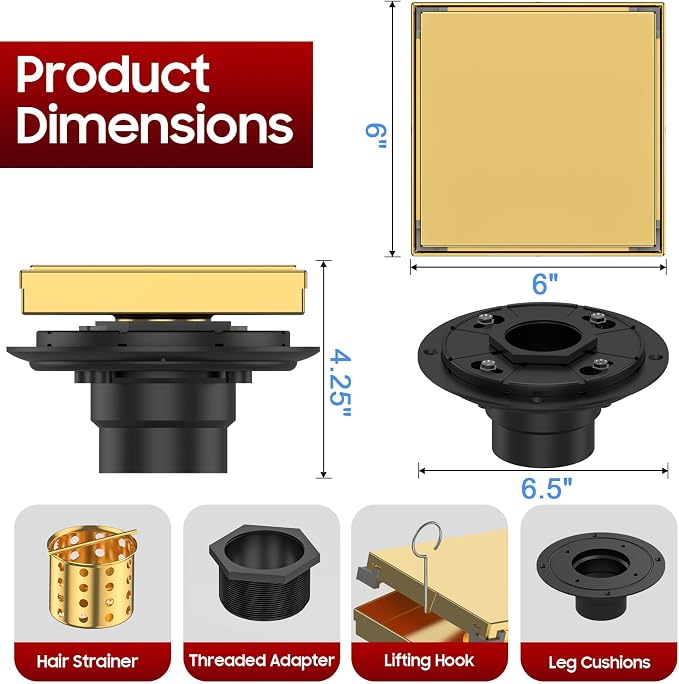 DLONE® Shower Drain | 6 Inch Brushed Gold with Tile Insert Panel | Square Shower Drain, with Hair Catcher, Shower Floor Drain Fits Bathroom & Balcony etc