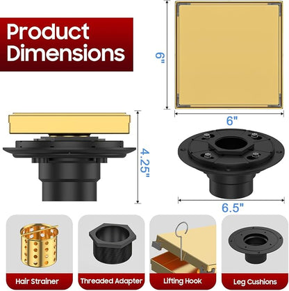 DLONE® Shower Drain | 6 Inch Brushed Gold with Tile Insert Panel | Square Shower Drain, with Hair Catcher, Shower Floor Drain Fits Bathroom & Balcony etc