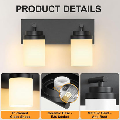 IZORRO Bathroom Vanity Light Fixture, 2-Light 15 Inch Matte Black Bathroom Light Fixtures Over Mirror, with White Glass Shade, Modern Farmhouse Vanity Lights, Rustic Restroom Lighting Fixtures