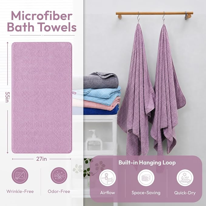 JML Microfiber Bath Towels, 2 Pack, 27x55 in, Purple | Soft, Super Absorbent, Quick Dry, Lint-Free, Lightweight Bathroom Towel with Hanging Loop for Daily Use
