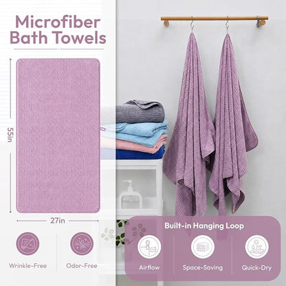 JML Microfiber Bath Towels, 2 Pack, 27x55 in, Purple | Soft, Super Absorbent, Quick Dry, Lint-Free, Lightweight Bathroom Towel with Hanging Loop for Daily Use