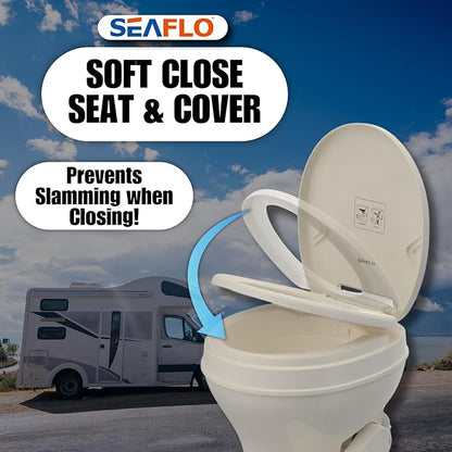SEAFLO Bone-Colored Residential Height Camper/RV Toilet, 18.5” Height, Gravity Flush, Foot Pedal, Oversized Bowl, Soft-Close Seat, 4-Year Warranty