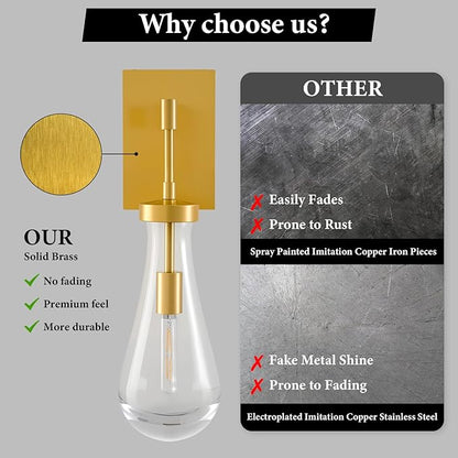 Raindrop Brass Crystal Wall Sconce: Clear Solid Indoor Sconces with Bulbs - Dimmable Vanity Lamp - Luxury Modern Gold Light Fixtures for Bedroom Living Room Bathroom Hallway Bedside Lighting