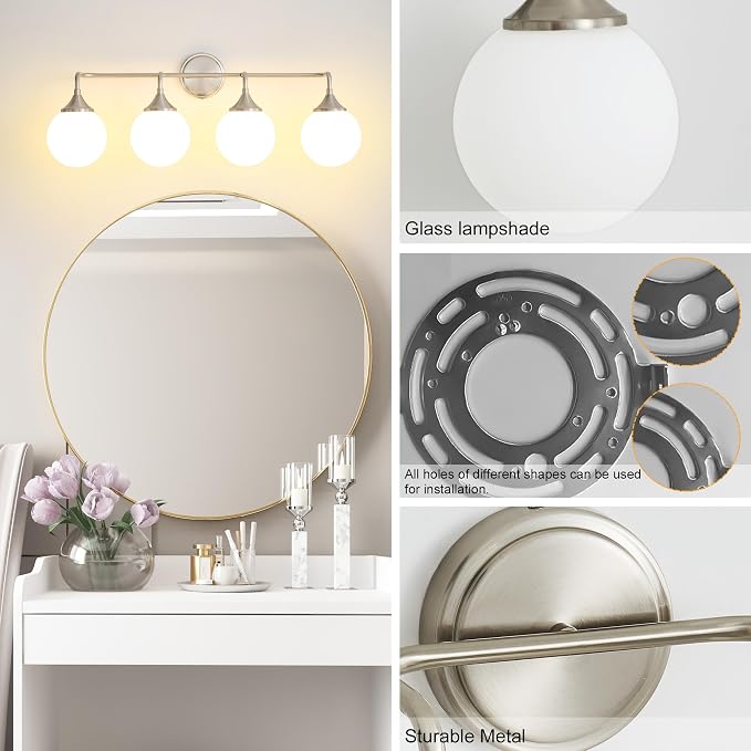Brushed Nickel Bathroom Light Fixtures Over Mirror Vanity 4-Light | Mid Century Modern Brushed Nicke Wall Sconce with Milky White Glass Ball Shades for for Bathroom Dressing Table Bedroom