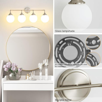 Brushed Nickel Bathroom Light Fixtures Over Mirror Vanity 4-Light | Mid Century Modern Brushed Nicke Wall Sconce with Milky White Glass Ball Shades for for Bathroom Dressing Table Bedroom