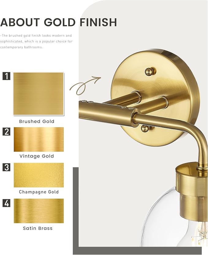zeyu 16 Inch Wall Sconce Lighting for Bathroom, Gold Bathroom Vanity Light, 2-Light Vanity Lights with Clear Glass Globe Glass, Brushed Gold Finish, ZS62BG-2W BG