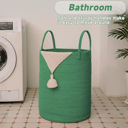 JMvicyroam 100L Cotton Rope Laundry Basket Hamper, Dark Green | Collapsible laundry basket, reinforced handles, freestanding, machine washable, holds 3-5 thick blankets, clothes or toys
