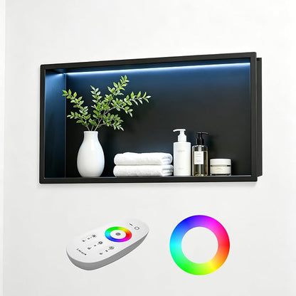 Stainless Led Shower Niche 24"x12" Black RGB Light No Tile Needed | 304 stainless steel shower niche,recessed niche shower,Led driver & remote control included,dimmable,bathroom shower storage