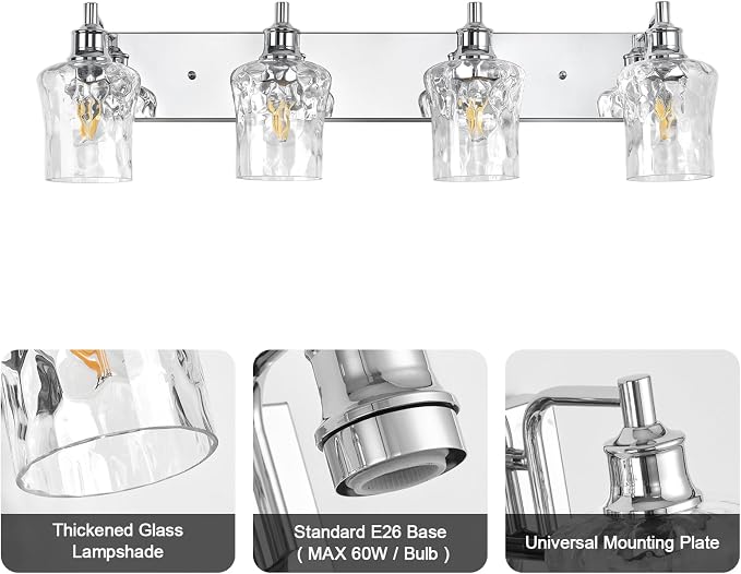 Bathroom Light Fixtures Farmhouse Chrome Vanity Lights for Bathroom Lighting Fixtures Over Mirror with Hammered Glass Lampshade for Cabinet Mirror Bedroom Hallway 4 Light
