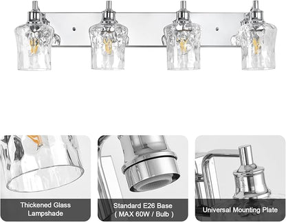 Bathroom Light Fixtures Farmhouse Chrome Vanity Lights for Bathroom Lighting Fixtures Over Mirror with Hammered Glass Lampshade for Cabinet Mirror Bedroom Hallway 4 Light
