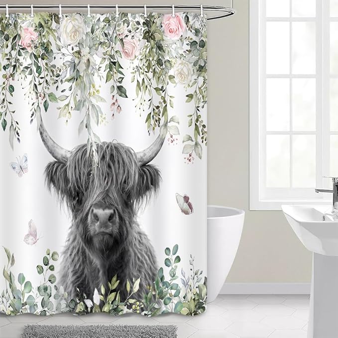 Highland Cow Shower Curtain, Floral Eucalyptus & Butterfly Farmhouse Bathroom Decor, Waterproof Washable Polyester Fabric, Shower Curtains Set with Hooks 36X72inch.