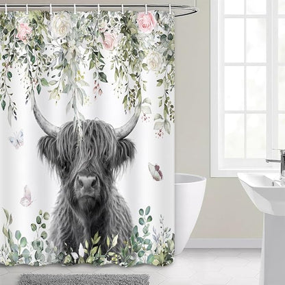 Highland Cow Shower Curtain, Floral Eucalyptus & Butterfly Farmhouse Bathroom Decor, Waterproof Washable Polyester Fabric, Shower Curtains Set with Hooks 48X72inch.