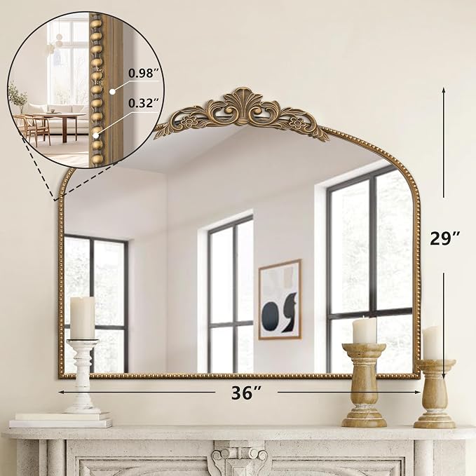 Micasso Vintage Gold Arched Mirror: 36"x29" Baroque Antique Wall Mirror | Traditional Ornate French Decorative Wall Mirror for Bedroom/Bathroom/Entryway/Hallway/Dresser/Vanity/Mantel/Nightstand