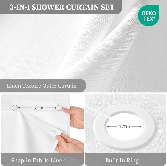 White Ringless Linen Textured Shower Curtain with Snap in Liner, 72x75 | 3 in 1 Hotel Shower Curtain Set, Removable Liner, Waterproof & Washable, Mesh Top Window, Durable Fabric, Easy to Install