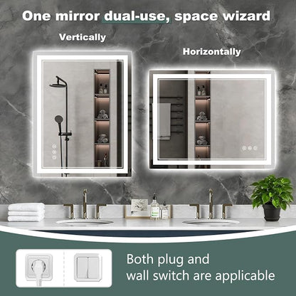 30x30 Inch LED Bathroom Mirror with Lights, 3 Colors Dimmable LED Vanity Mirror, Front and Back Lit, Anti-Fog, Memory Function, Shatterproof Tempered Glass, ETL Listed, Wall Mounted Makeup Mirror