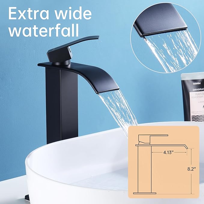 Fransiton Tall Vessel Sink Faucet Matte Black Faucet for Bathroom Sink Tall Waterfall Bathroom Faucet Single Handle 1 or 3 Hole Wash with Pop-up Drain