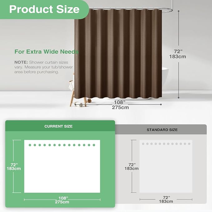 Extra Wide Waffle Shower Curtain 256 GSM Fabric 108x72 Brown | 108 Inch Wide, Thick Cloth, Weighted Hem, Water Repellent, Hotel Luxury Polyester Shower Curtain Set for Bathroom 18 Hooks
