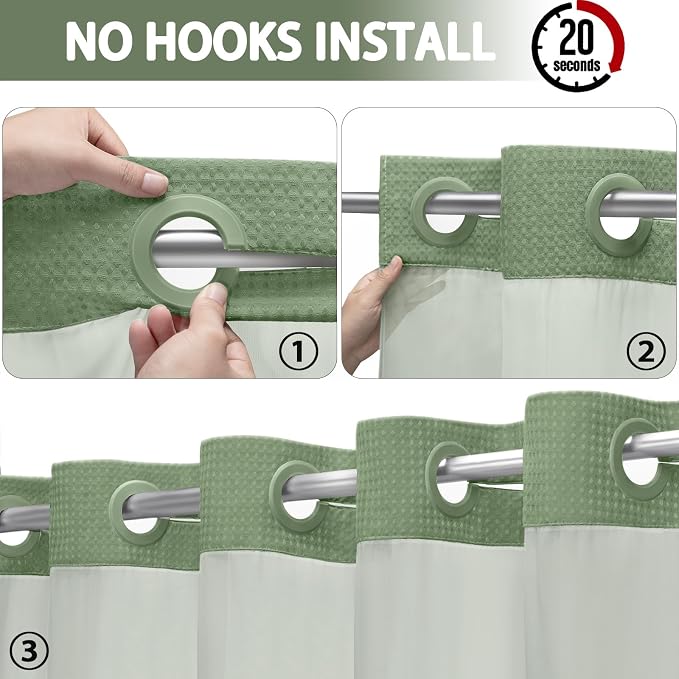 No Hook Shower Curtain with Liner Set Hotel Waffle Curtain Green 72W X 75L | Washable Snap in Fabric Liner, Mesh Top Window, Waffle Hotel Style Shower Curtain Set