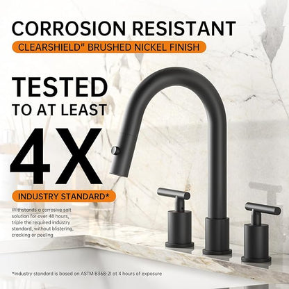 Matte Black Pull Down Bathroom Faucet with Pop-up Drain, 8 inch Widespread Bathroom Faucet 3 Hole with Pull Down Sprayer 2 Modes. 8'' Matte Black Bathroom Faucet with Supply Lines