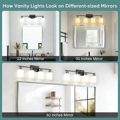 Ascher Bathroom Light Fixtures, 4-Light Vanity Light Over Mirror, Black and Nickel Wall Sconces with Milky White Frosted Glass Shades, Wall Lamp for Living Room Bedroom, E26 Base(Bulbs Not Included)