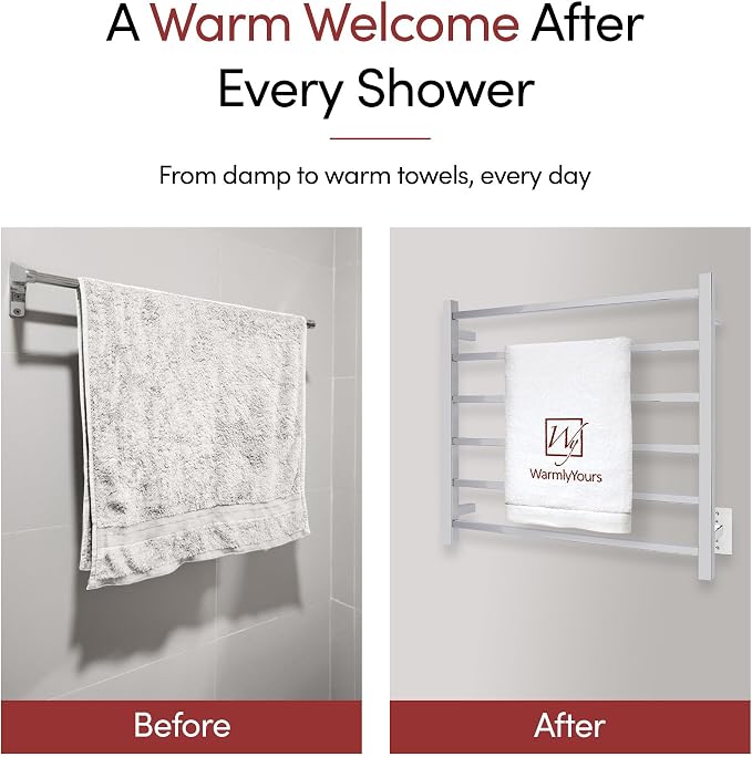 WarmlyYours Tahoe Heated Towel Rack, 6 Bars, Polished Stainless Steel | Hardwired 120V heated towel rack for spa-like bathroom comfort, 427 BTU/hr, energy-efficient towel drying