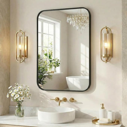 Sweetcrispy Bathroom Mirror, Vanity Mirrors for Wall, 26x38 Inch | Matte Metal Frame, Rounded Rectangle, Over Sink Home Decor, Living Room Bedroom, Black