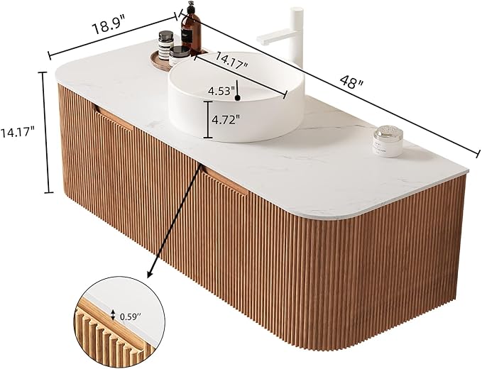 Yayzy 48" Floating Bathroom Vanity with Sink, Solid Wood Fluted Cabinet, White Round Ceramic Basin & Faux Marble Top, Soft-Close Drawer, Pre-Assembled, Natural Woodgrain