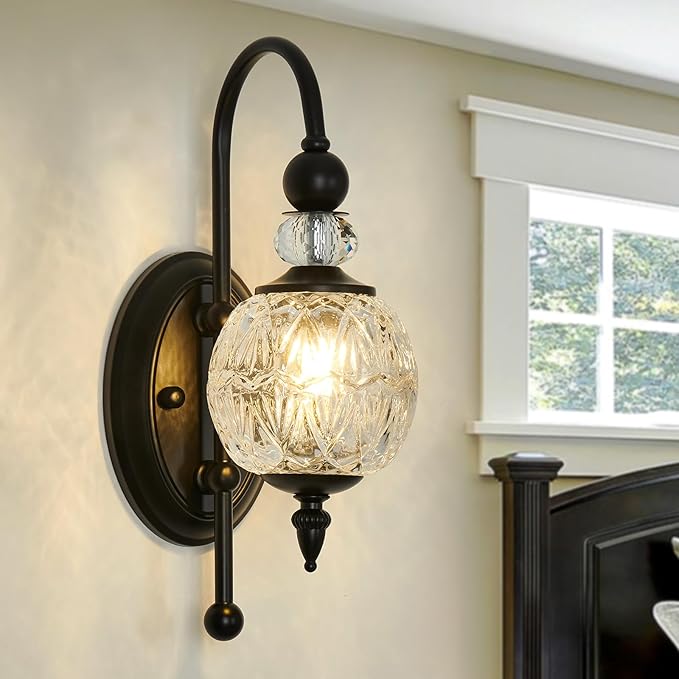 Vintage Black Wall Sconce with Glass Globe Shade Mid Century G9 Bulb Wall Light Indoor Wall Lamp for Bathroom Farmhouse Bedroom Living Room Hallway