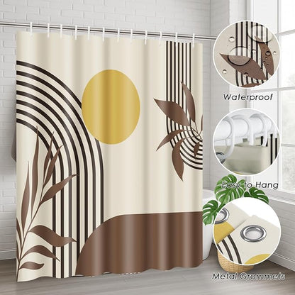 Boho Bathroom Sets with Shower Curtain and Rugs, 4 Pcs, Mid | Century Abstract Geometric Modern Bathroom Decor Set with Toilet Lid Cover, Non-Slip Bath Mats and Accessories 12 Hooks