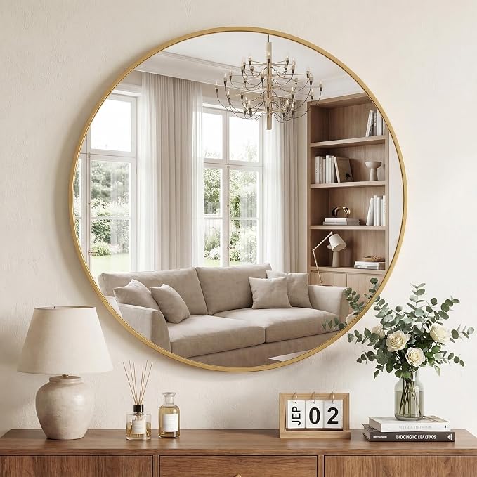 DUMOS 30 Inch Round Wall Mirror, Bathroom Mirrors for Over Sink | Matte Metal Framed Circle Mirror, Wall Decor for Bedroom, Entryway, Anti-Rust, Tempered Glass, Hanging or Leaning, Gold